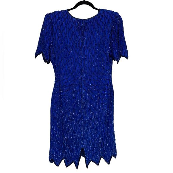 Vintage 80s Laurence Kazar All Over Beaded Sequin Dress in Blue - Size L - Picture 2 of 6